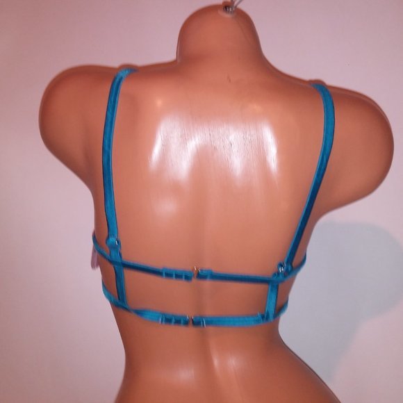 Victoria Secret Swim Bikini Top l Blue Solid Shimmer Cutout Gold Chain New - Picture 7 of 8